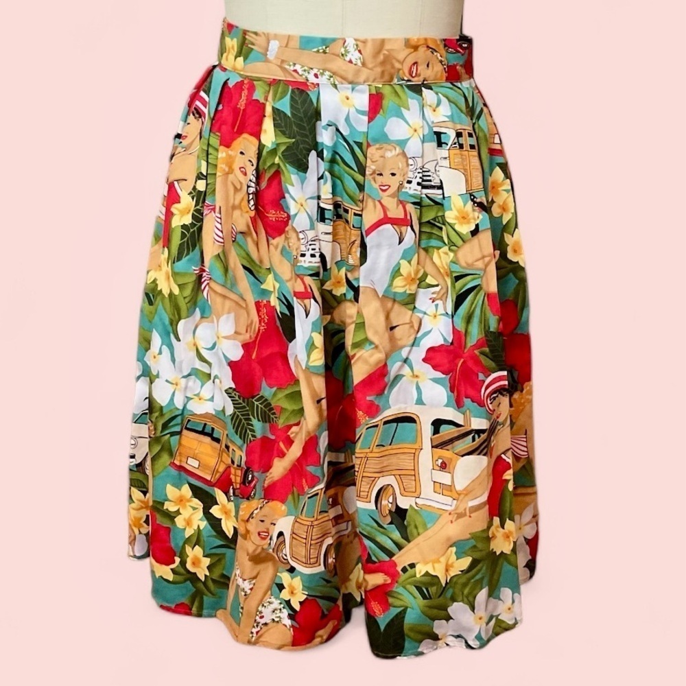 Grace Karin Pinup Cars Hawaii Floral Red Skirt XL A-Line Pleated EUC